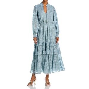 AQUA Smocked‎ Maxi Dress Tiered Ruffle Long Sleeve Boho Chic XS